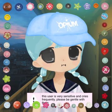 A mobile game screen featuring an anime-style character wearing a light blue cap that says 'OPiUM', surrounded by colorful bubble icons with a warning that the user is sensitive.