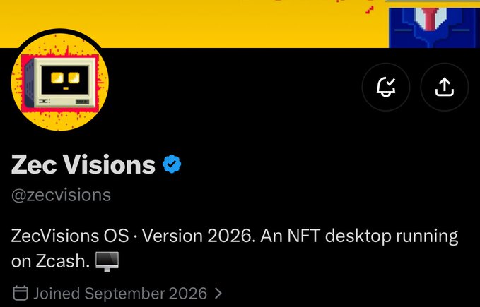 A Twitter profile for "Zec Visions" (@zecvisions), a verified account with a pixelated computer avatar, describes itself as "ZecVisions OS · Version 2026. An NFT desktop running on Zcash" with a join date of September 2026. The image illustrates the "early @zecvisions who wants wl" post by showcasing this emerging Zcash-based NFT desktop project seeking whitelist access.