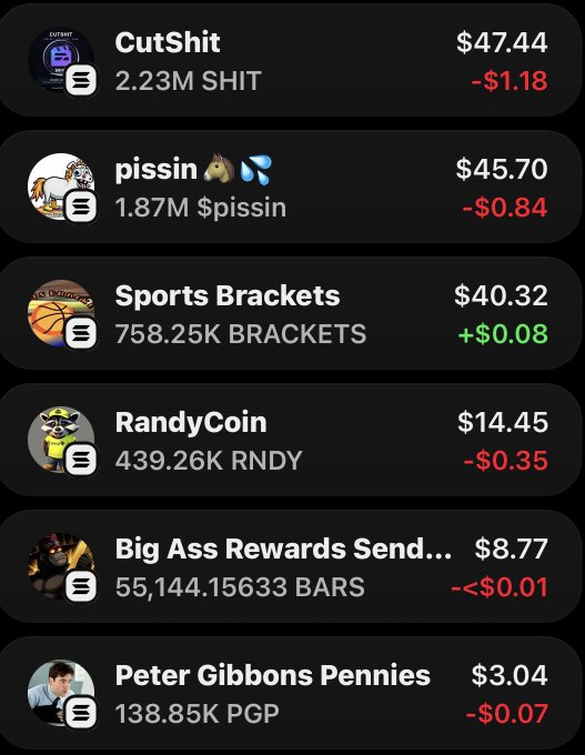 The image displays a list of meme coin prices and 24-hour changes, featuring CutShit ($47.44), pissin ($45.70), Sports Brackets ($40.32), RandyCoin ($14.45), Big Ass Rewards Send ($8.77), and Peter Gibbons Pennies ($3.04). It serves as a visual showcase of the random meme coin drops being promoted by the listed X accounts in the accompanying post.