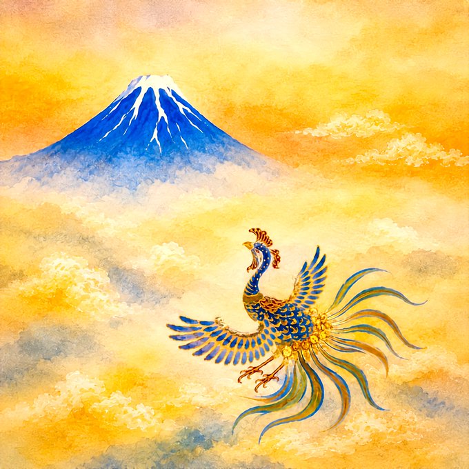 A watercolor-style painting depicting an ornate blue and gold phoenix-like bird flying through golden clouds with a snow-capped mountain, resembling Mount Fuji, in the background.