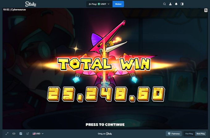 A "TOTAL WIN" screen from the CyberSaurus slot game on Stake displays a payout of 25,248.60 USDT, illustrating the kind of big win possible from the mystery bonus promotion mentioned in the post.