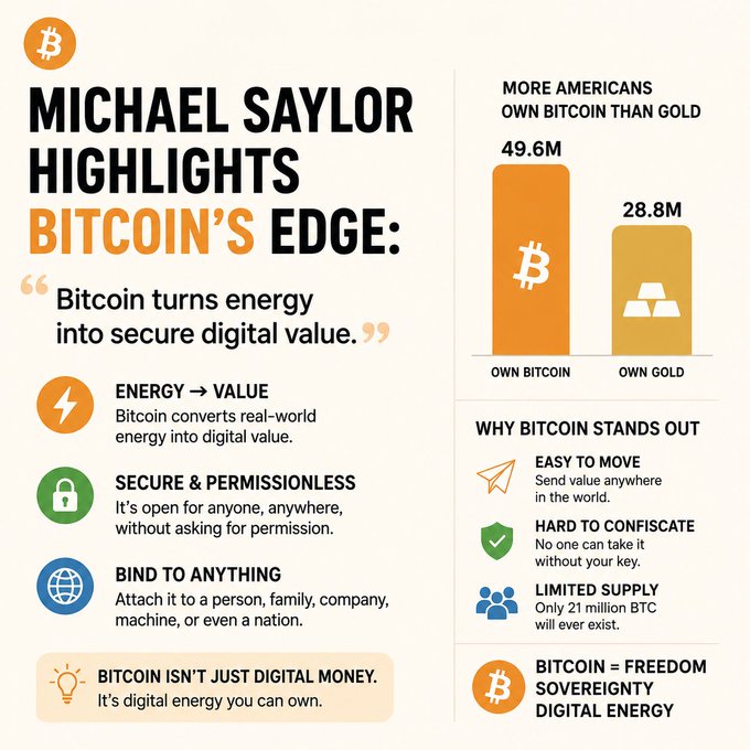 An infographic titled 'MICHAEL SAYLOR HIGHLIGHTS BITCOIN'S EDGE' features statistics showing 49.6M Americans own Bitcoin compared to 28.8M who own gold, with sections explaining energy, security, and limited supply of Bitcoin.