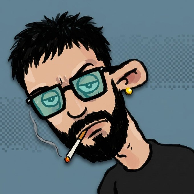 A cartoon-style illustration of a man with messy black hair, a beard, and green-tinted glasses, wearing a black shirt, smoking a cigarette, and sporting a small gold earring.