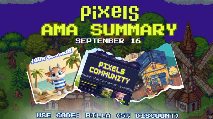 A pixel-art style 'Pixels AMA Summary September 16' graphic featuring a YouTuber character 'VoxelJohn', the Pixels community logo, a game shop screenshot, and a discount code 'BILLA (5% DISCOUNT)'.