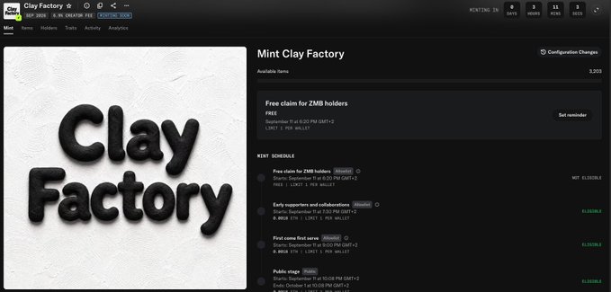 Screenshot of the Clay Factory (CLAY) Mint Clay Factory webpage showing free claim for ZMB holders and a list of upcoming mint schedules.