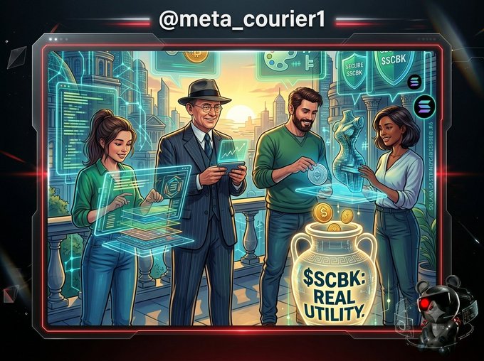 A promotional graphic for '@meta_courier1' featuring people interacting with holographic tech and a jar labeled '$SCBK: REAL UTILITY,' promoting the SSCBK token.