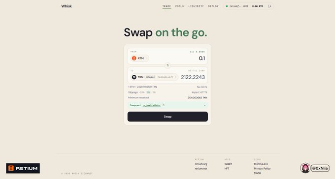 Screenshot of the Whisk crypto swap interface showing a trade of 0.1 BTM for 2122.2243 TON via STON.fi DEX.