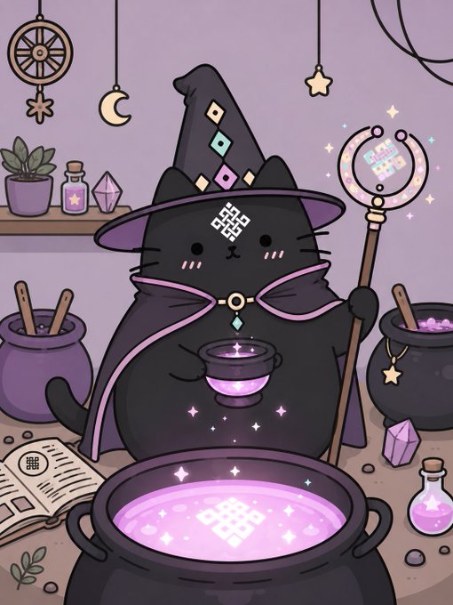 A cute illustration of a black cat dressed as a wizard in a purple hat and cloak, holding a staff and mixing a glowing potion in a cauldron.