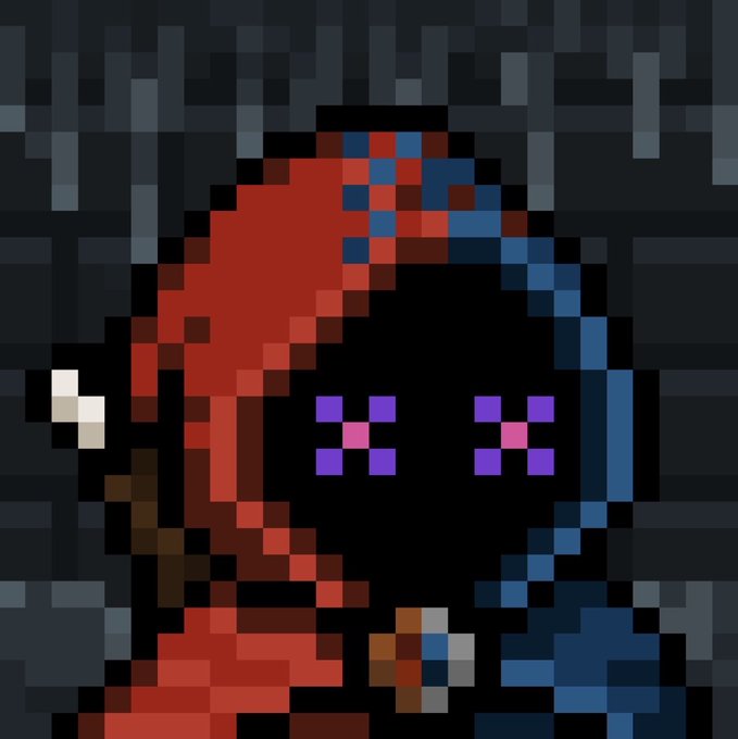 A pixel art portrait of a character with a red and blue hood, glowing purple X-shaped eyes, and a cigarette in its mouth, set against a dark, textured background.