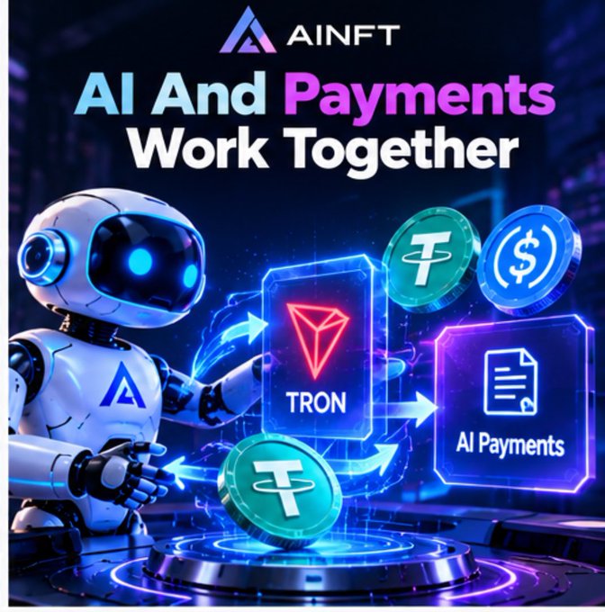 A promotional graphic for AINFT with the headline 'AI And Payments Work Together', featuring a robot alongside glowing digital icons for TRON, Tether, and AI Payments.