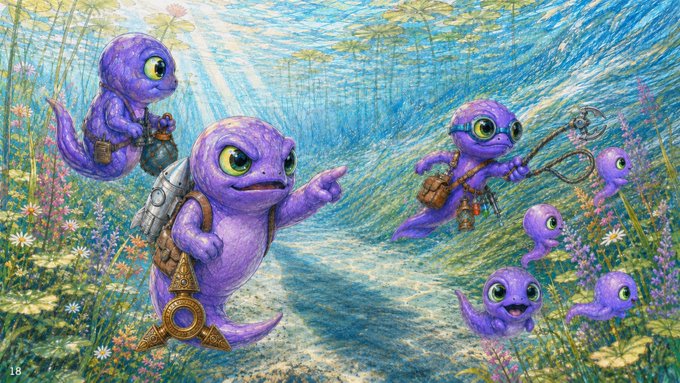 A colorful illustration depicts purple, large-eyed axolotl-like creatures adventuring underwater among aquatic plants with medieval-style gear and weapons.