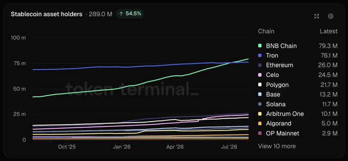 The image is a line chart titled "Stablecoin asset holders" showing 289.0M total holders (up 54.5%), with BNB Chain leading at 79.3M addresses, surpassing Tron (76.1M) and Ethereum (26.0M), supporting the claim that BNB Chain has become the largest network by stablecoin holders.