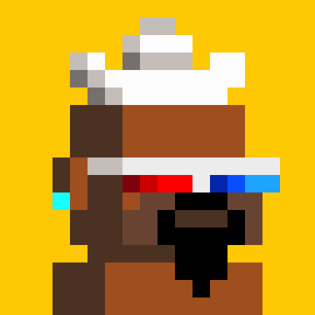 A pixel art illustration of a brown character wearing a white cowboy hat and futuristic 3D glasses on a solid yellow background.