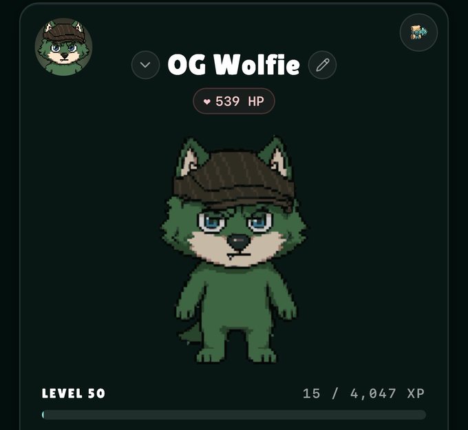 The image shows a cartoon character, likely a wolf or a fox, standing against a black background with a green hat on its head. The character appears to be wearing a brown coat and has a serious expression on its face. In the top left corner of the image, there is text that reads "OG WOLFIE", which could possibly be a name for the character or a description related to it. The bottom right corner features a scale bar indicating the character's level in Wolfage, with the number "15/4,847 XP" displayed below the character.