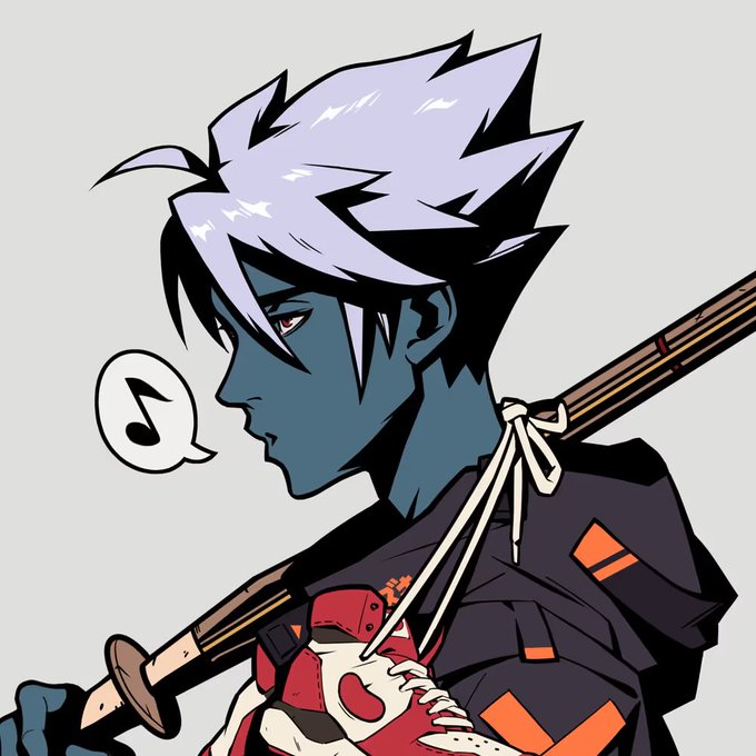 An anime-style illustration of a blue-skinned character with spiky white hair, red eyes, wearing a dark outfit with red accents and carrying a katana, with a music note speech bubble indicating they're singing.