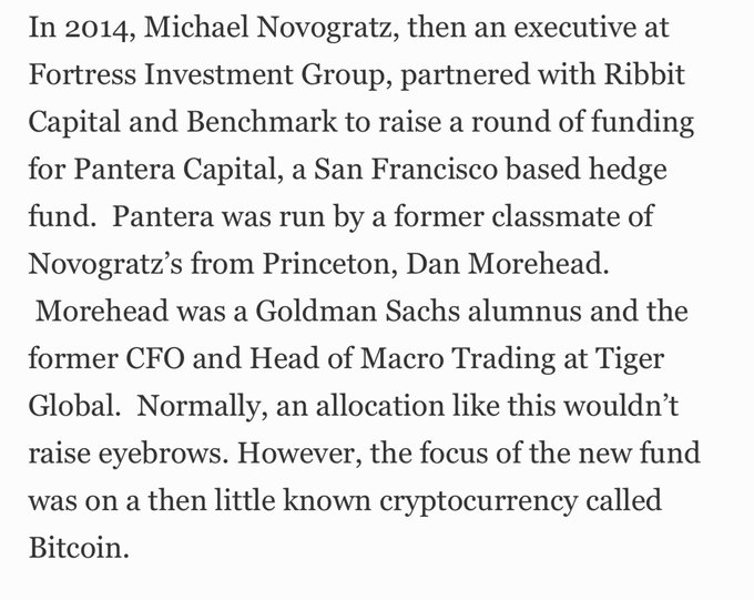 A text passage detailing Michael Novogratz's 2014 partnership with Ribbit Capital and Benchmark to raise funding for Pantera Capital, a San Francisco-based hedge fund run by Princeton classmate and Goldman Sachs alumnus Dan Morehead, focused on the then-little-known cryptocurrency Bitcoin.

The image's mention of former finance executives partnering around Bitcoin's early days appears thematically unrelated to the wrestling-focused post, likely serving as a contrast or humorous juxtaposition to highlight how obscure the crypto/finance world may seem to outsiders.