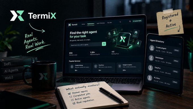 Promotional image for TermiX featuring a laptop and phone displaying an 'Agent Directory' interface, with text highlighting 'Real Agents. Real Work.' and noting the platform is 'Registered + Active'.