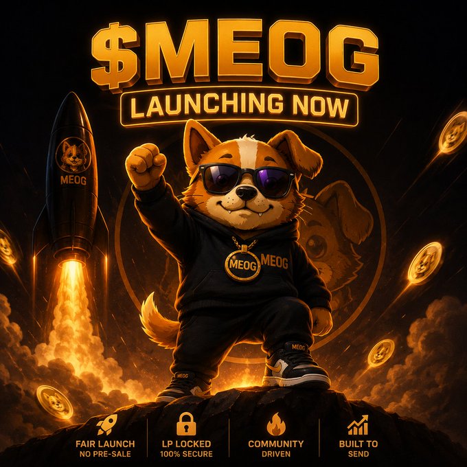The image is a vibrant promotional graphic featuring a cool dog mascot wearing sunglasses and a "$MEOG" gold chain, standing triumphantly on a rock with a launching rocket in the background, alongside the bold headline "$MEOG LAUNCHING NOW." It highlights key selling points like "Fair Launch No Pre-Sale," "LP Locked 100% Secure," "Community Driven," and "Built to Send," perfectly complementing the post's announcement of the MEOG token launch and its call for diamond-handed investors.