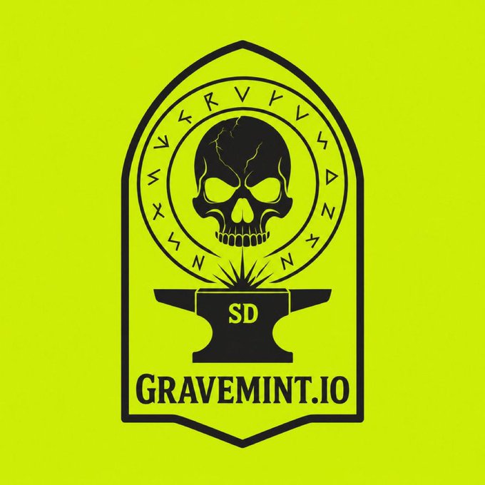 A neon yellow emblem with black accents features a cracked skull surrounded by runic symbols, an anvil stamped with "SD," and the bold text "GRAVEMINT.IO." The design fits the post's promotion of a limited 55-piece free mint on Robinhood, lending a rugged, mythological aesthetic to the limited whitelist drop.