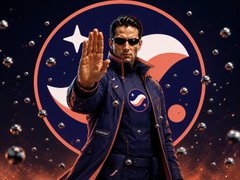 A promotional poster featuring a man in a navy jacket with a circular logo, holding his hand up against a starry cosmic background.