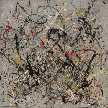 An abstract expressionist painting featuring chaotic black splatters and lines, accented with touches of red and yellow on a light background.
