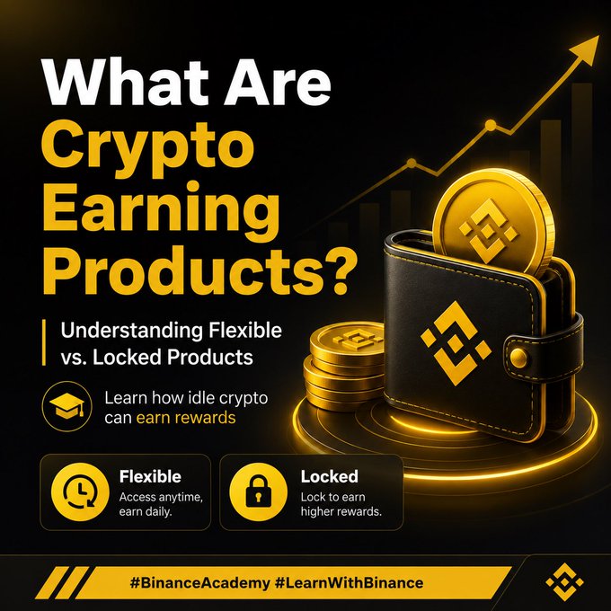 This image from Binance Academy visually explains crypto earning products, differentiating between "Flexible" and "Locked" options to help users understand how idle crypto can generate rewards. The graphic features the Binance logo on a wallet and coins, symbolizing the concept of earning from cryptocurrency assets.