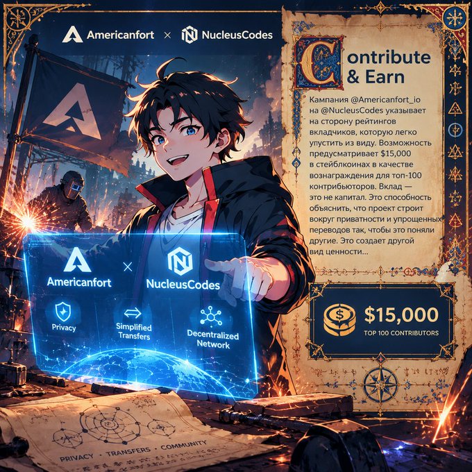 An anime-style promotional graphic for 'Americanfort' and 'NucleusCodes' cryptocurrency projects, offering a $15,000 reward for top 100 contributors as part of a 'Contribute & Earn' campaign.