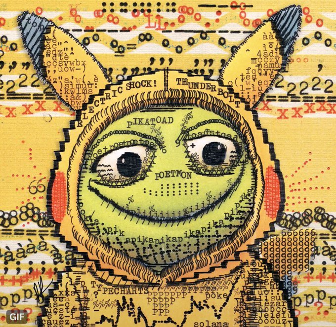 A vibrant yellow Pikachu-style character named "PIKATOAD" is drawn in mixed-media style over text including "ELECTRIC SHOCK!", "THUNDERBOLT", and "POEMON," with surrounding letters, numbers like "2222" and "XXXX," and phrases such as "solana," "typecharts," and "PPP." The chaotic, telegram-style artwork fits the post's theme of regretfully fading a Dudas token, mirroring the character's zany, unhinged expression.