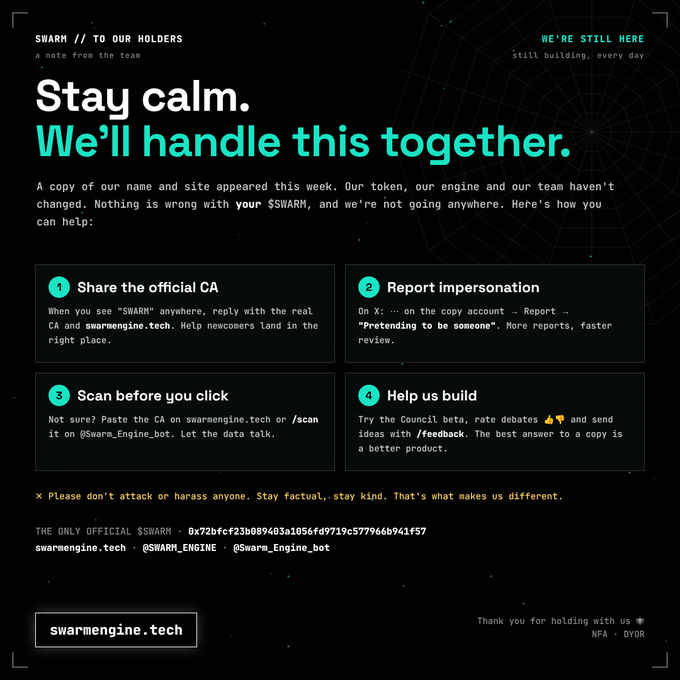 A message from Swarm addressed to holders titled 'Stay calm. We'll handle this together,' addressing a copycat site and providing the official $SWARM contract address and steps to report impersonation.