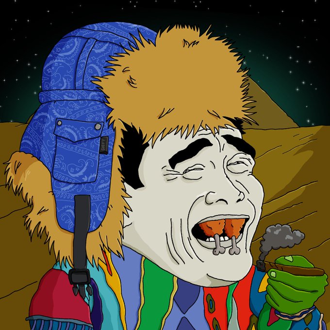 A cartoon illustration of a man with wild orange hair wearing a blue patterned winter hat with ear flaps, smoking and laughing against a starry night sky.
