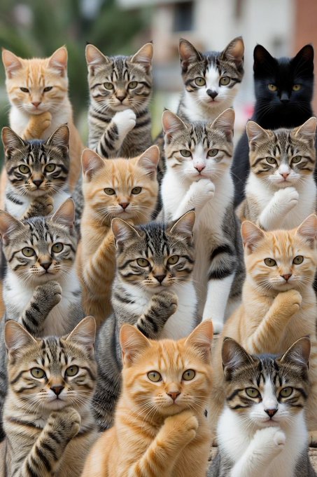 The image displays a large group of cats of various colors and patterns (tabby, orange, white, and black) arranged together while a few appear to touch their paws to their face in a "thinking" gesture. This pairs with the caption "I think you think they think $HMM" (a ticker symbol for a website builder company), using the cats' thoughtful poses to humorously represent the layered "thinking" referenced in the post.
