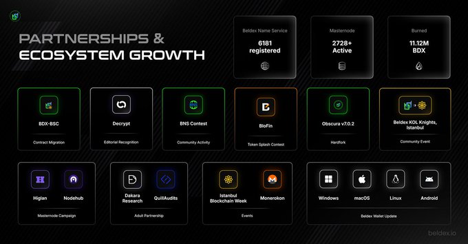 A presentation slide titled 'PARTNERSHIPS & ECOSYSTEM GROWTH' from beldex.io showing metrics including '6181 registered' Beldex Name Service, '2726+ Active' Mastromode, and '11.12M BDX' burned, along with various ecosystem partners like BDX-BSC, Decrypt, BNS Contest, and BioFi.