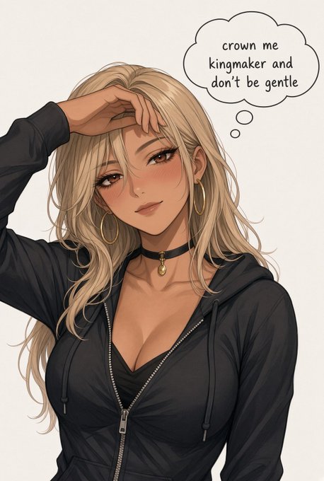 An anime-style illustration of a blonde woman in a black hoodie with a thought bubble reading 'crown me kingmaker and don't be gentle'.