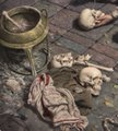 A grim pixel art scene showing a figure lying in mud next to a skull, a green helmet/bowl, and small creatures in a dark, post-apocalyptic setting.