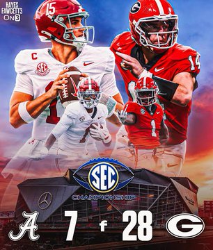 Promotional graphic for the SEC Championship game featuring Alabama and Georgia players, with "MAYES FAN-OUTS ON B" in the corner and a final score of Alabama 7, Georgia 28.