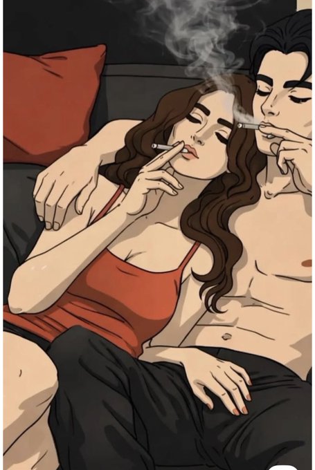A stylized illustration of a shirtless man and a woman in a red top lying together, both smoking cigarettes, with smoke curling upwards.