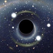 An artistic depiction of a black hole in space surrounded by a glowing accretion disk of light against a starfield background.