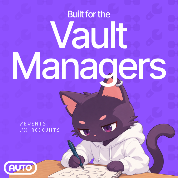 A purple promotional graphic features an anime-style black cat in a white hoodie writing at a desk, with the headline "Built for the Vault Managers" and a menu listing "EVENTS" and "X-ACCOUNTS," alongside an "AUTO" button and the Elfa logo. The image visually reinforces the post's message by portraying the diligent, focused "vault manager" persona setting up automated on-chain alerts to stay ahead of exploits and their downstream effects.