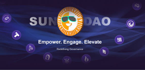 A digital graphic displays the 'SUN DAO' logo with a sun wearing sunglasses, accompanied by the tagline 'Empower. Engage. Elevate' and 'Redefining Governance' against a wavy blue background with various icons.