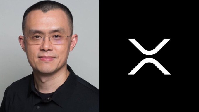 A headshot of Changpeng Zhao (CZ) next to the white XRP cryptocurrency logo on a black background.