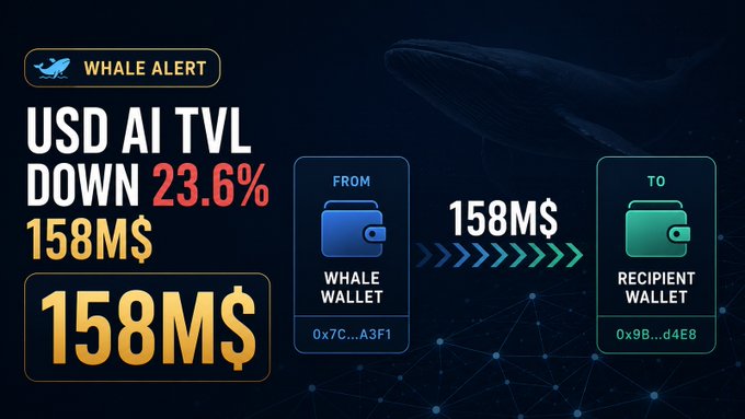 A 'WHALE ALERT' graphic announcing 'USD AI TVL DOWN 23.6%' with a transfer of 158M$ from a whale wallet (0x7C...A3F1) to a recipient wallet (0x9B...d4E8), featuring a large whale silhouette in the background.