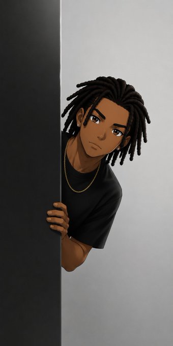 An illustrated portrait of a young man with dreadlocks wearing a black t-shirt and gold chain, peeking out from behind a dark wall.
