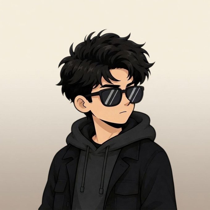 An anime-style illustration of a young man with messy black hair, wearing black sunglasses and a dark hoodie and jacket against a plain background.