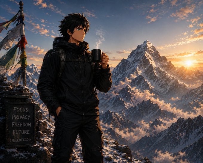 An anime-style illustration of a dark-haired character in a black jacket holding a steaming mug, standing on a snowy mountain peak with prayer flags and a sign reading 'Focus PRIVACY FREEDOM FUTURE @BELDEXCOIN'.