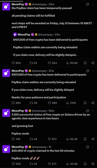 A series of tweets from MoonPay (@moonpay) announcing free crypto giveaways through 'PayBox' claim, including posts stating '$107,000 of free crypto has been delivered to participants' and '3,100 successful claims of free crypto on Solana', with high engagement metrics.