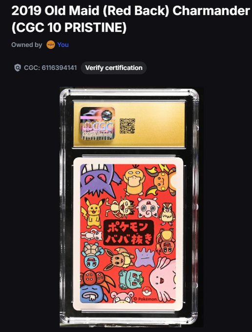 A CGC 10 PRISTINE graded 2019 Old Maid (Red Back) Charmander Pokémon card, marked as owned by the user.