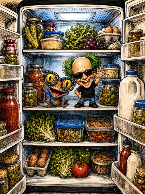 The image features a cartoon depiction of an open refrigerator filled with various food items, including jars, bottles, and cans. A man wearing sunglasses stands next to the fridge, while another character dressed as a frog appears inside the fridge. The scene is accompanied by text that reads "Day #23 of $TIBBIR comics".