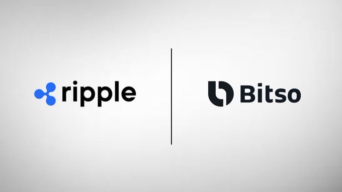 The image features two logos side by side against a white background. The logo for Ripple is blue with three circles, while the logo for Bitso is black with a line through it. Below these logos, there's text that reads "NEW: @Ripple and @Bitso are bringing a Mexican peso-backed stablecoin to the $XRP Ledger, adding regulated MXN liquidity alongside $RLUSD." This suggests that Ripple and Bitso are collaborating on a new cryptocurrency project involving the use of Mexican pesos.