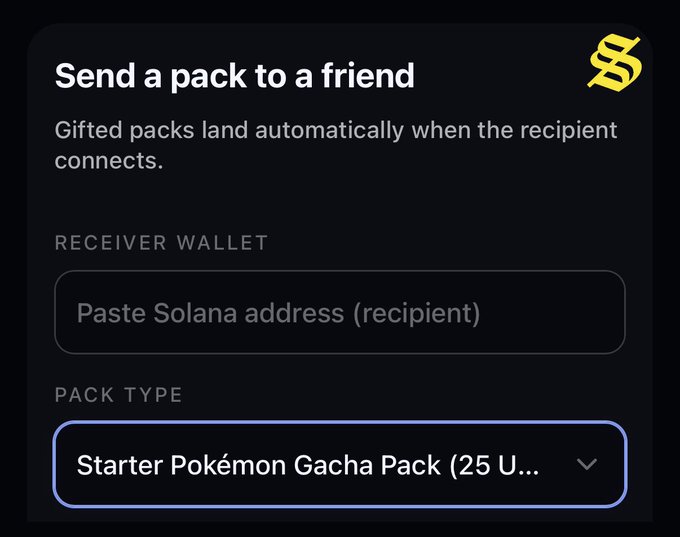 The image shows a Solflare interface for "Send a pack to a friend," featuring a "Receiver Wallet" field to paste a Solana address and a "Pack Type" dropdown selecting a "Starter Pokémon Gacha Pack (25 U...)," which relates to the post announcing that Solflare Packs can now be gifted to friends.