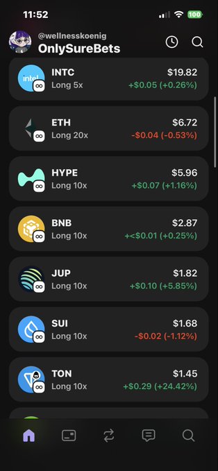 The image displays a phone screen with various cryptocurrency symbols and prices, suggesting someone's interest in trading or investing in them. The text on the screen indicates that only SureBets is being used for transactions, while other long/short options are available as well. The presence of the different cryptocurrencies shows diverse investment opportunities, but the user seems to have chosen a specific cryptocurrency to invest their money into. This could be due to their preference or perhaps they were provided with options by others in the trading community who have invested in these certain coins.